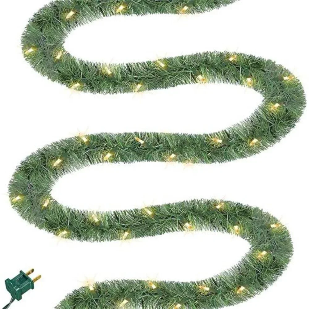 50FT Pre-lit Christmas Green Garland, Lighted Artificial Pine Garlands